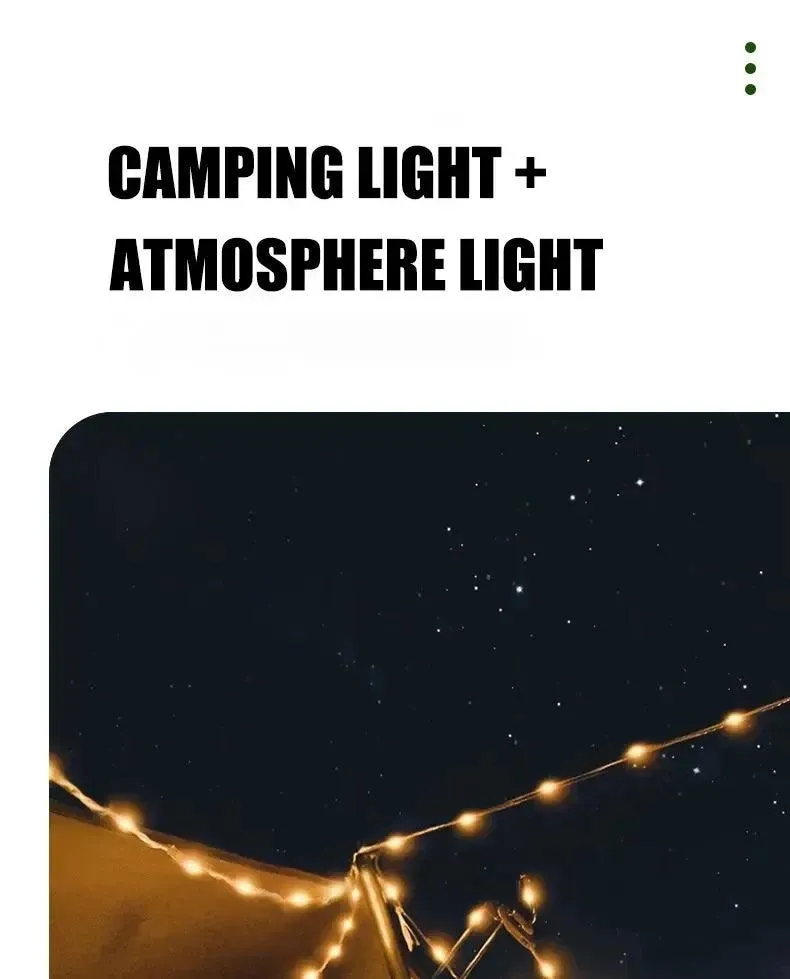 🌟 Camping String Lights, 33Ft with Lanterns (2 in 1) | Rechargeable 2000mAh Camping Lights | IPX6 Waterproof & USB Charging