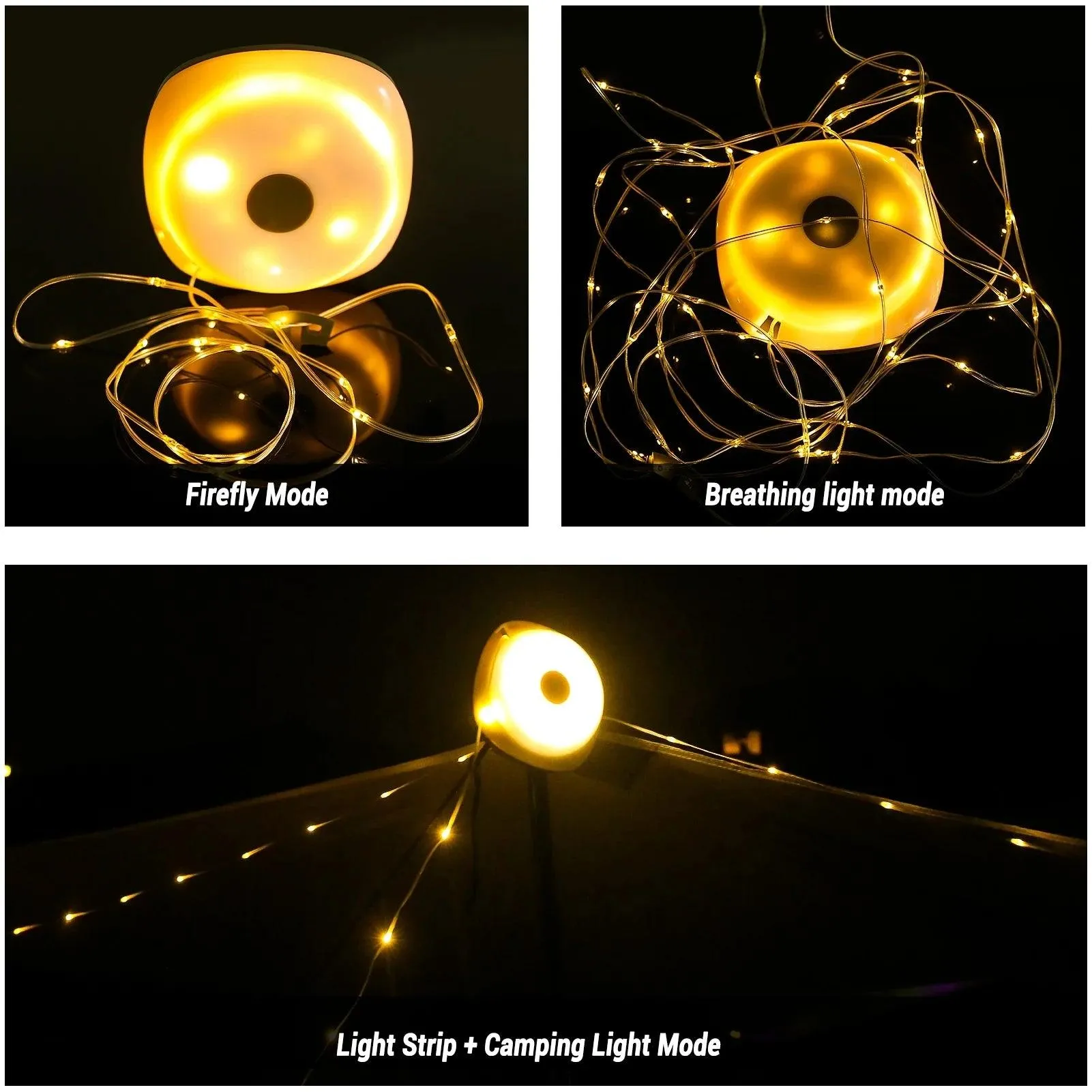 🌟 Camping String Lights, 33Ft with Lanterns (2 in 1) | Rechargeable 2000mAh Camping Lights | IPX6 Waterproof & USB Charging