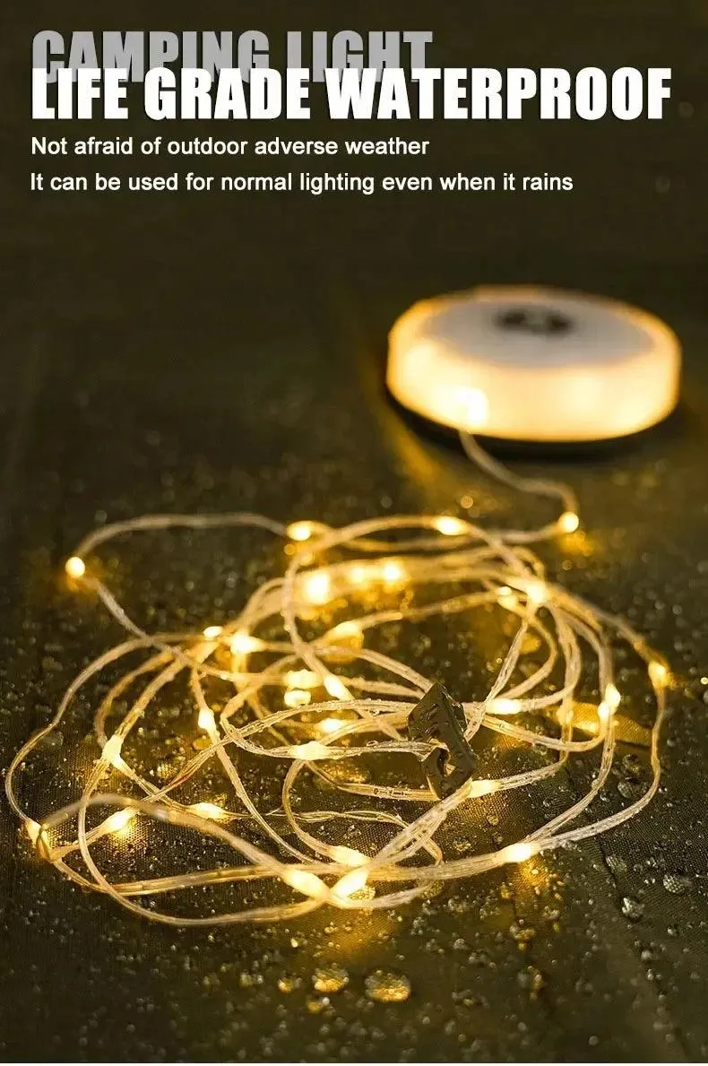 🌟 Camping String Lights, 33Ft with Lanterns (2 in 1) | Rechargeable 2000mAh Camping Lights | IPX6 Waterproof & USB Charging
