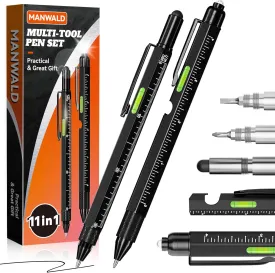 11-in-1 Multitool Pen Set with LED Light, Flathead & Phillips Screwdrivers, Level, Ruler, Bottle Opener, and Stylus, Gifts for Him, Fathers Day Dad Gifts for Men, Husband, Boyfriends, Black