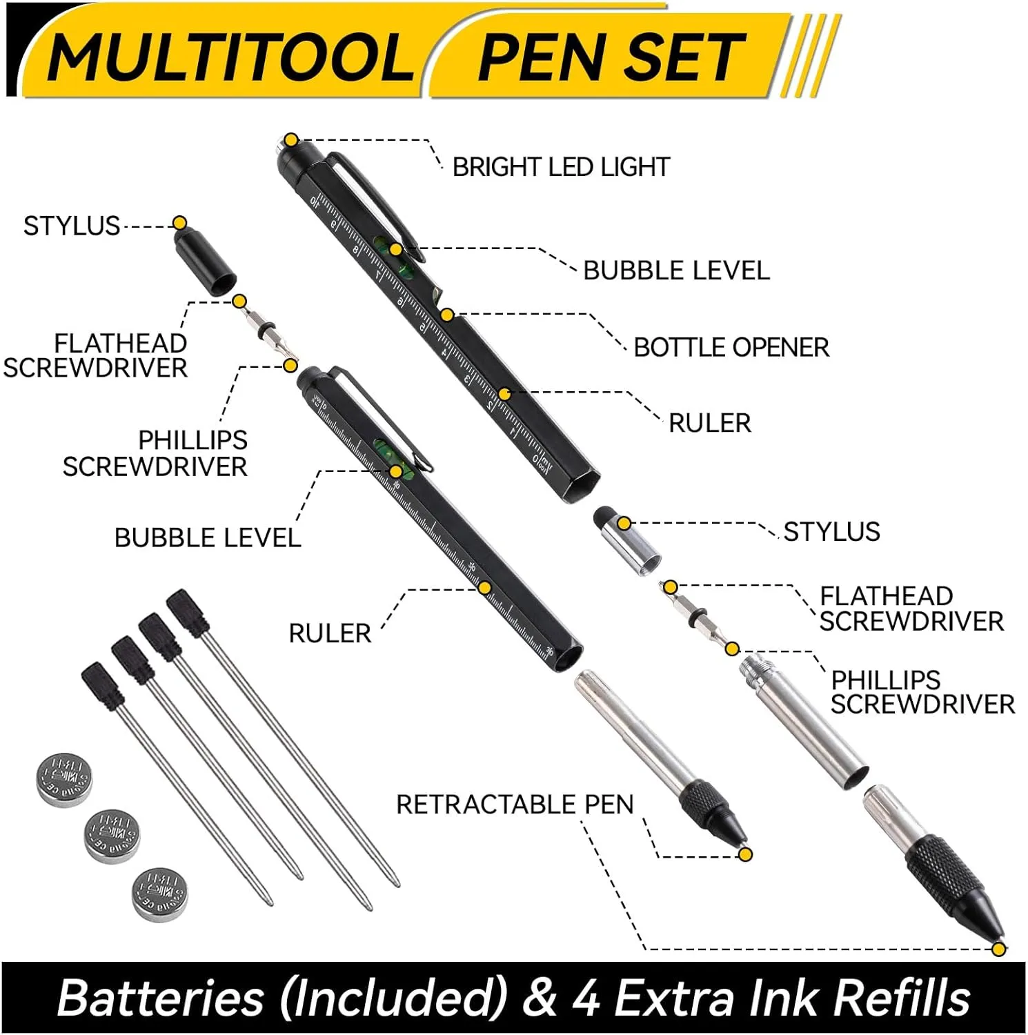 11-in-1 Multitool Pen Set with LED Light, Flathead & Phillips Screwdrivers, Level, Ruler, Bottle Opener, and Stylus, Gifts for Him, Fathers Day Dad Gifts for Men, Husband, Boyfriends, Black