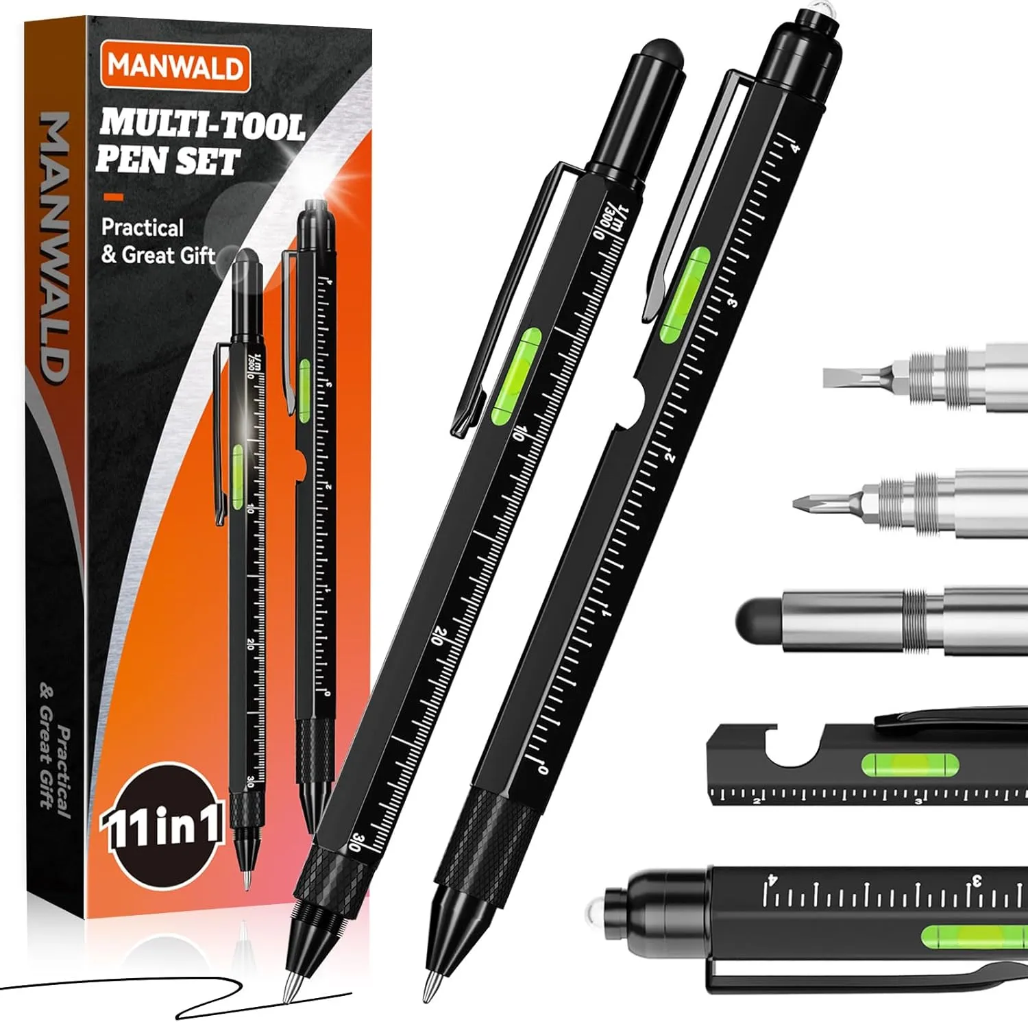 11-in-1 Multitool Pen Set with LED Light, Flathead & Phillips Screwdrivers, Level, Ruler, Bottle Opener, and Stylus, Gifts for Him, Fathers Day Dad Gifts for Men, Husband, Boyfriends, Black