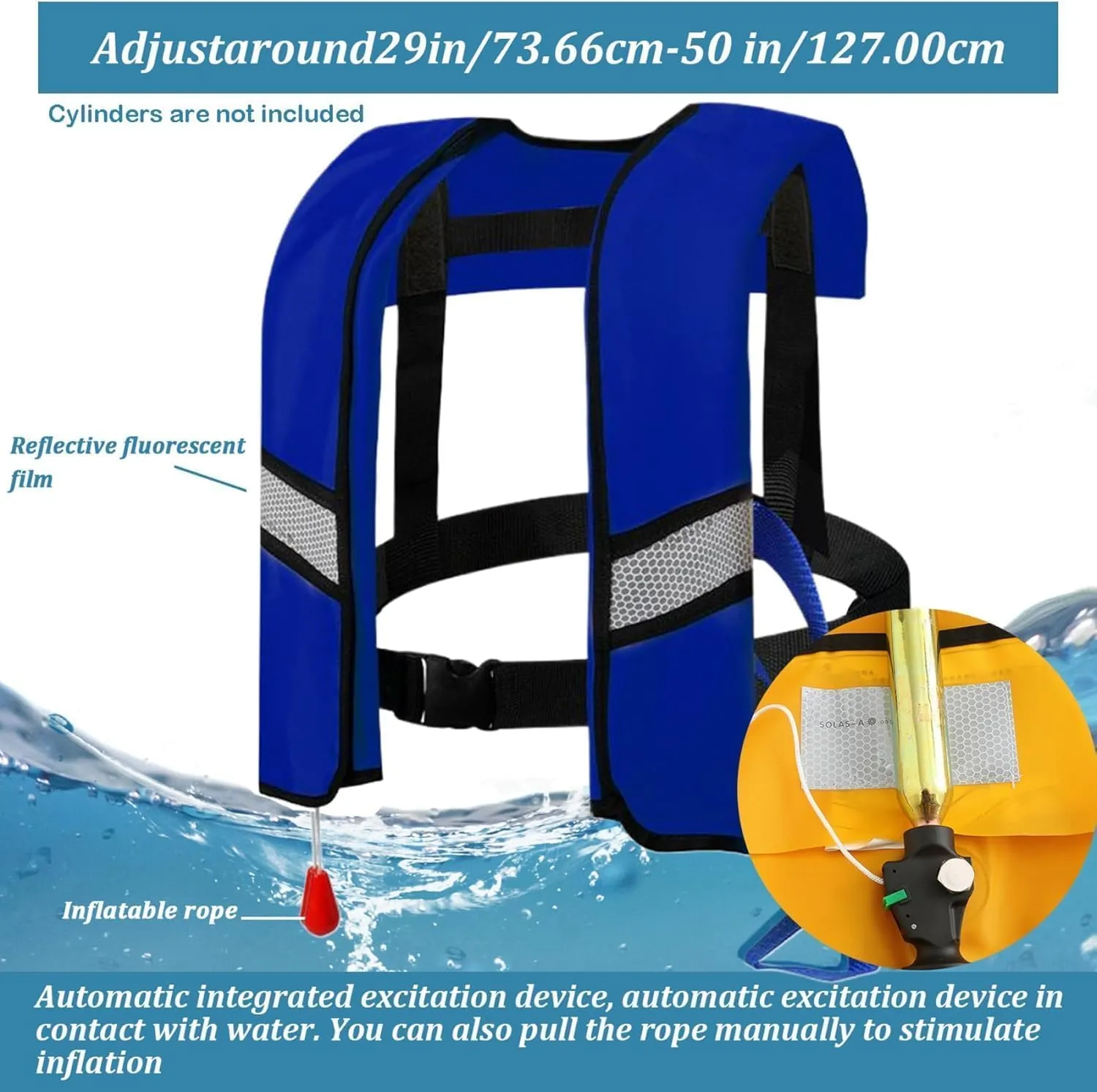 150N Automatic Inflatable Life Jacket for Adults  Adjustable Buoyancy Vest with Manual Override, Lightweight Nylon, Reflective Strips & Safety Whistle for Boating, Kayaking, Surfing & Swimming