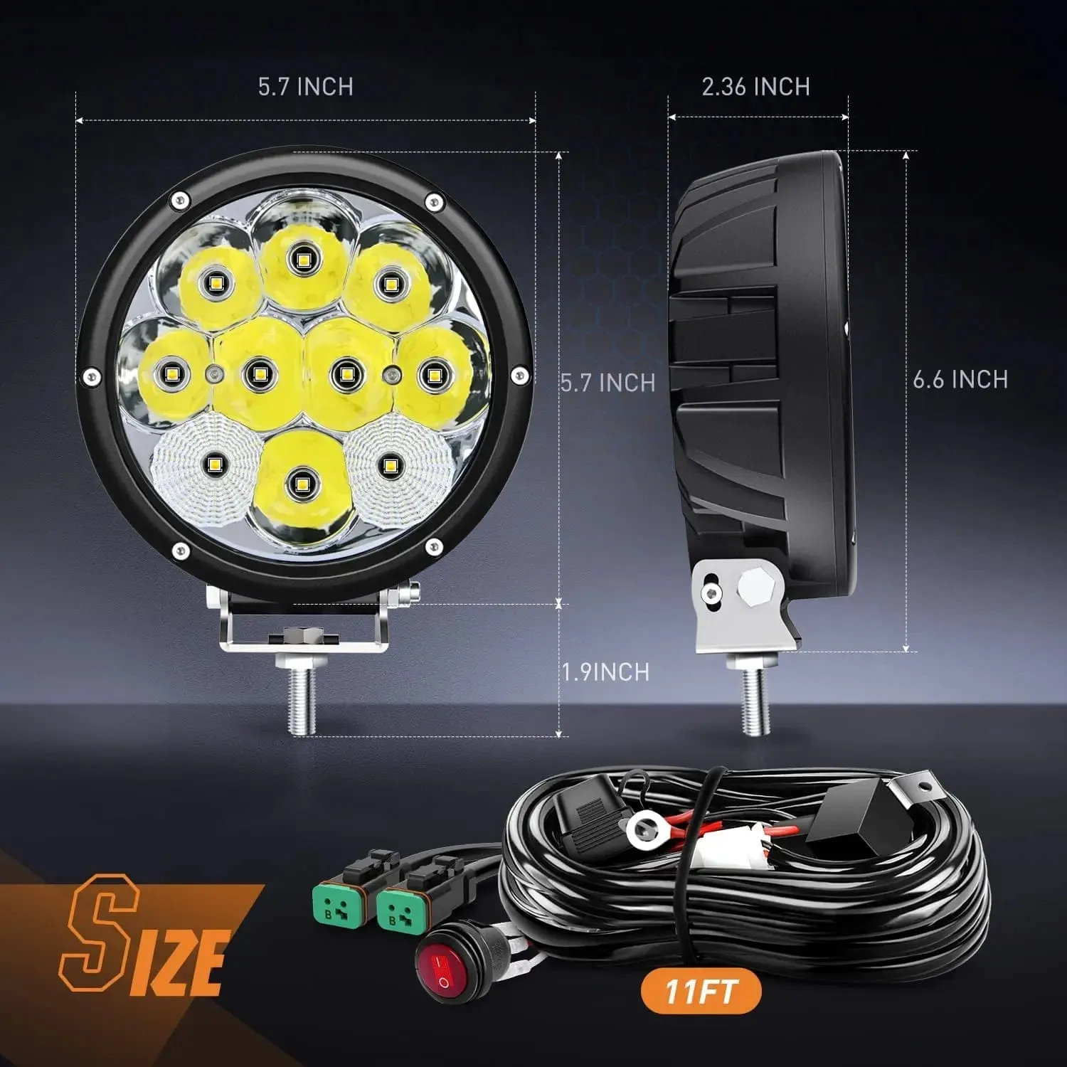 5.7 Inch 50W 6500LM Round Spot Flood LED Work Lights (Pair) | 16AWG DT Wire