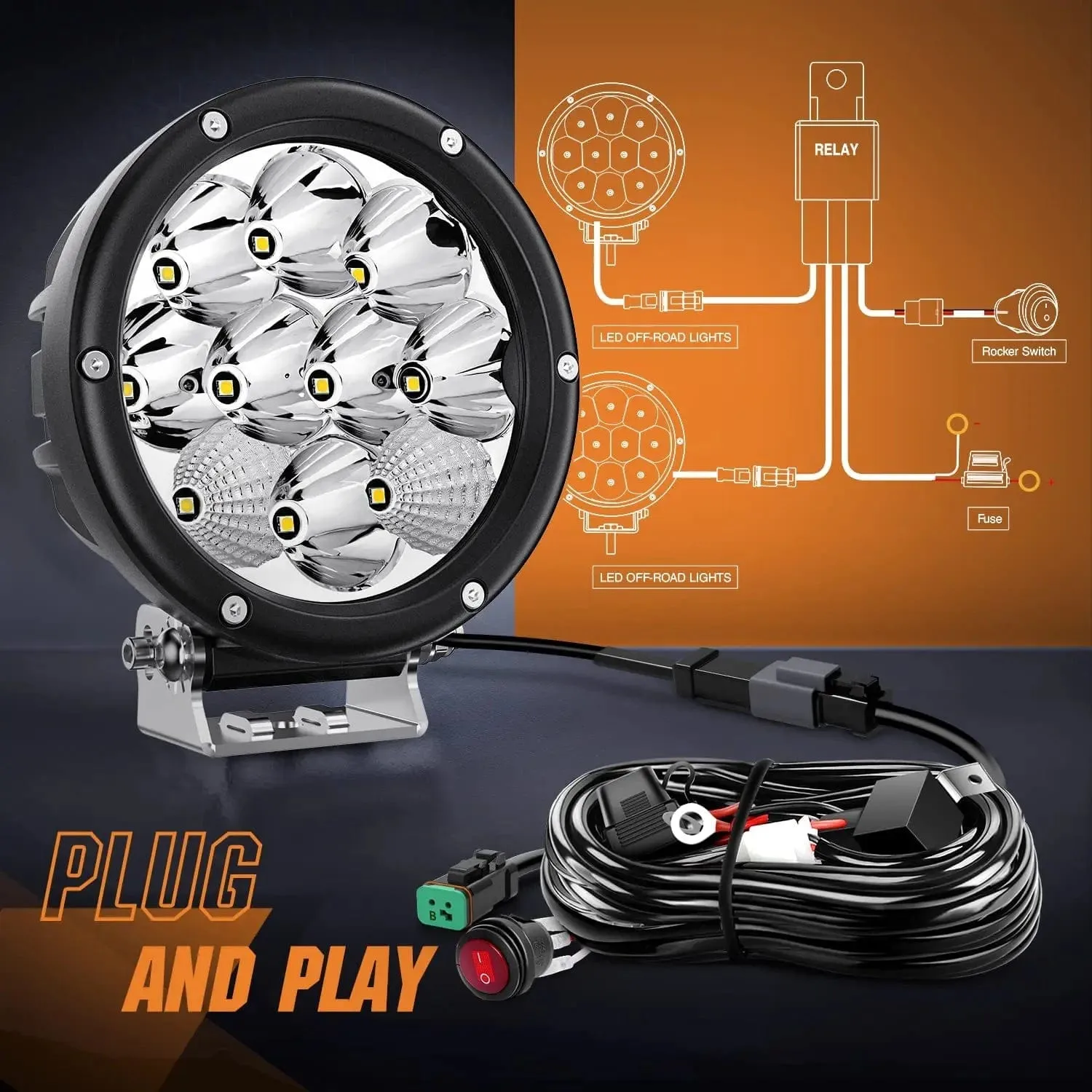 5.7 Inch 50W 6500LM Round Spot Flood LED Work Lights (Pair) | 16AWG DT Wire