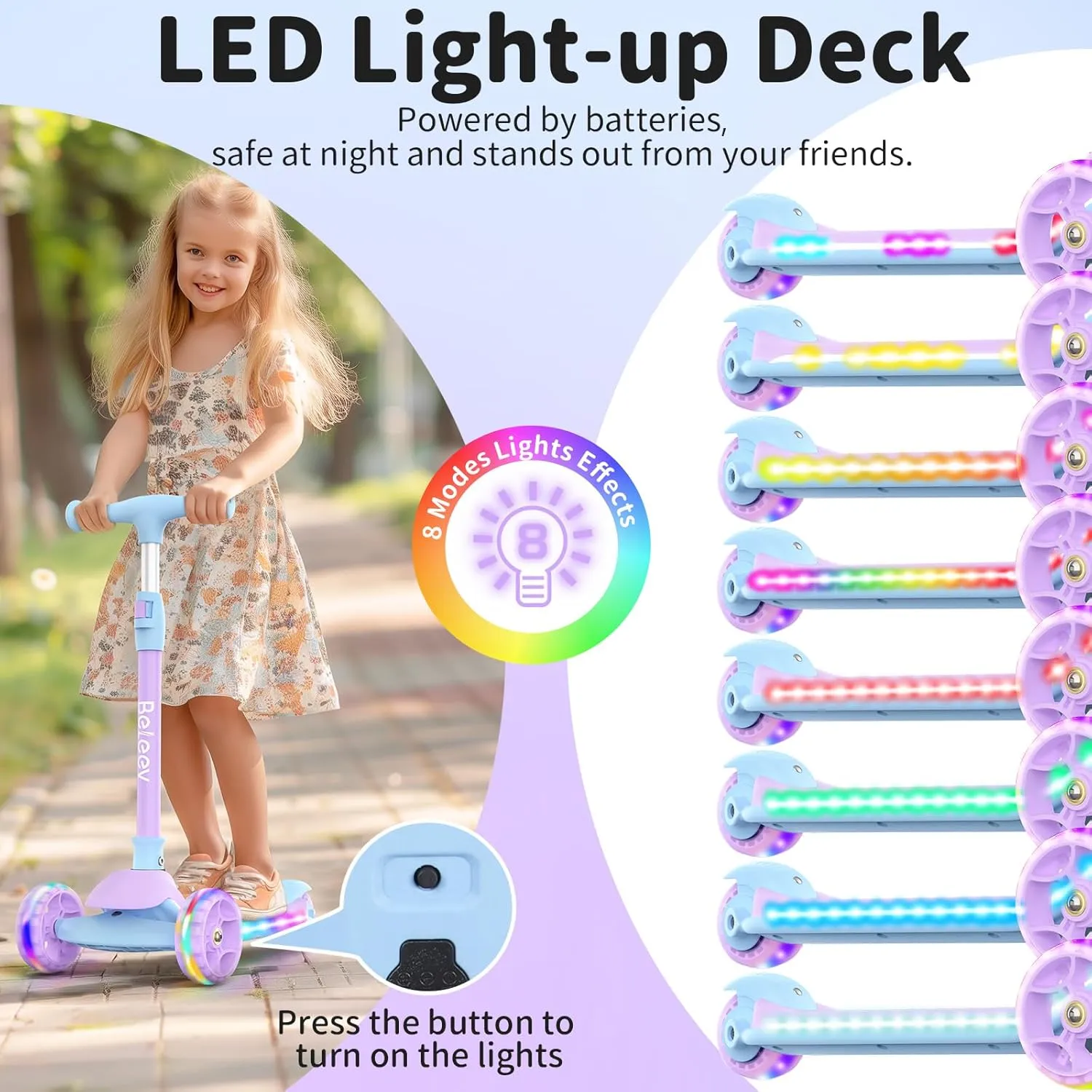 BELEEV A9 Kids Scooter with LED Light-Up Wheels & Deck, 3 Wheel Folding Scooter for Toddlers Girls Boys Ages 3-12, Adjustable Handlebar, Lean to Steer, Extra-Wide Wheels, Kick Scooter for Children
