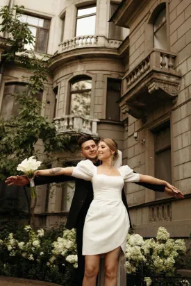 Cute Bodycon Square Neck Satin Short Wedding Dresses with Lantern Sleeves VK23062004