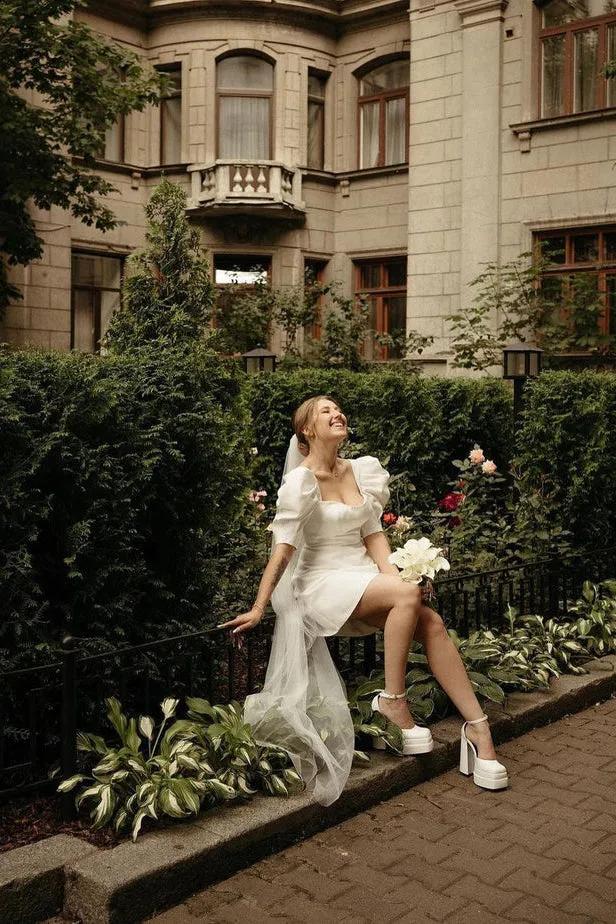 Cute Bodycon Square Neck Satin Short Wedding Dresses with Lantern Sleeves VK23062004