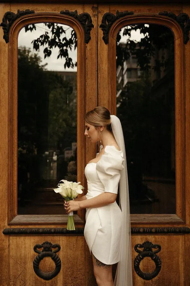 Cute Bodycon Square Neck Satin Short Wedding Dresses with Lantern Sleeves VK23062004