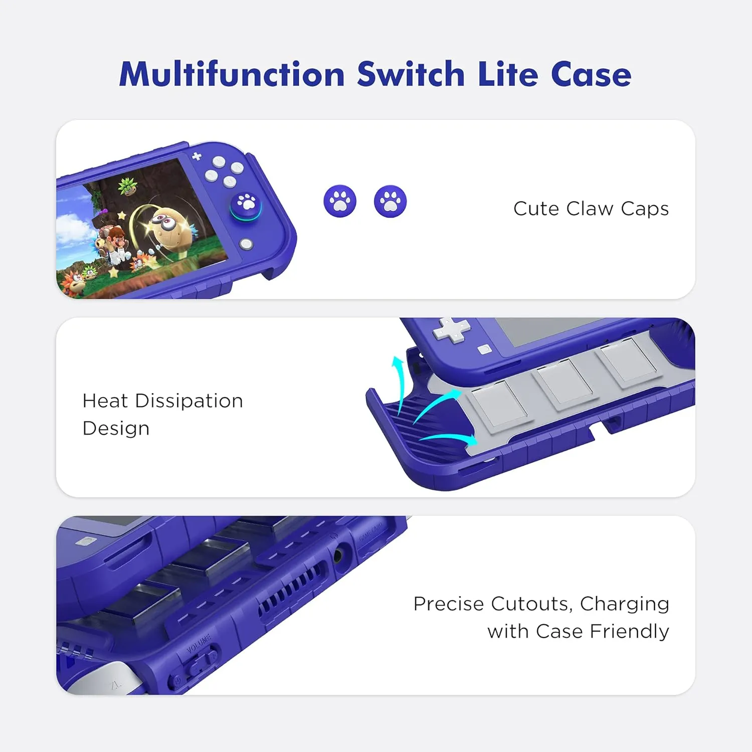 KIWIHOME Switch Lite Case, Durable Anti-Slip Shockproof Protective Hard Case Only for Nintendo Switch Lite with Thumb Grip Caps Switch Lite Case for Boys (Blue)