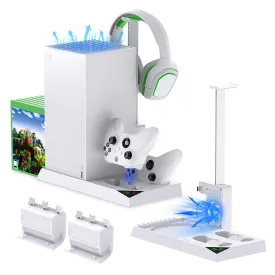 MENEEA Cooling Fan & Charging Stand for Xbox Series X Console and Controller,Vertical Cooler System Dual Charger Station Dock Accessories Kit with 2 x 1400mAh Rechargeable Battery (White)
