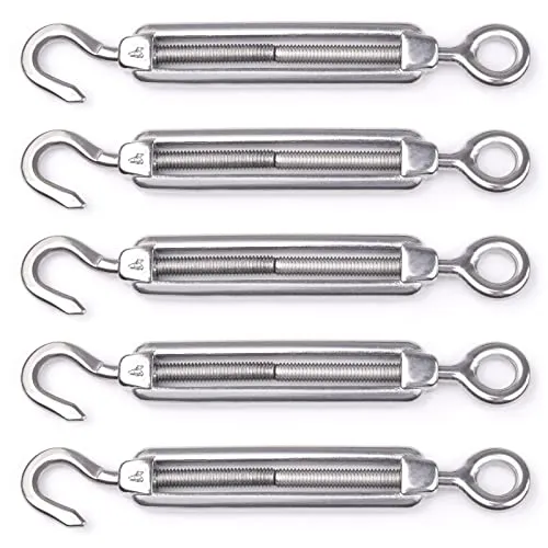 Muzata 5Pack M4 Hook and Eye Turnbuckle for Cable Wire Rope Tension Heavy Duty T304 Stainless Steel for DIY String Light Picture Hanging Tension Wire Kit CN09