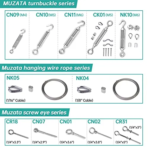 Muzata 5Pack M4 Hook and Eye Turnbuckle for Cable Wire Rope Tension Heavy Duty T304 Stainless Steel for DIY String Light Picture Hanging Tension Wire Kit CN09