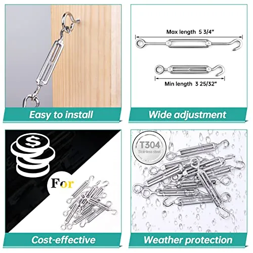 Muzata 5Pack M4 Hook and Eye Turnbuckle for Cable Wire Rope Tension Heavy Duty T304 Stainless Steel for DIY String Light Picture Hanging Tension Wire Kit CN09