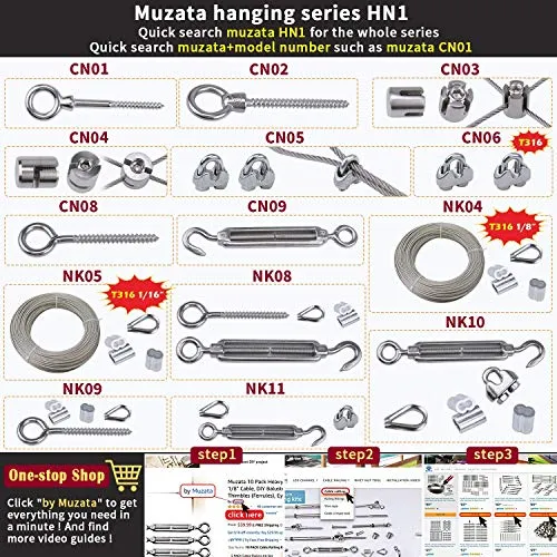Muzata 5Pack M4 Hook and Eye Turnbuckle for Cable Wire Rope Tension Heavy Duty T304 Stainless Steel for DIY String Light Picture Hanging Tension Wire Kit CN09