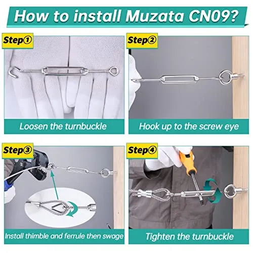 Muzata 5Pack M4 Hook and Eye Turnbuckle for Cable Wire Rope Tension Heavy Duty T304 Stainless Steel for DIY String Light Picture Hanging Tension Wire Kit CN09