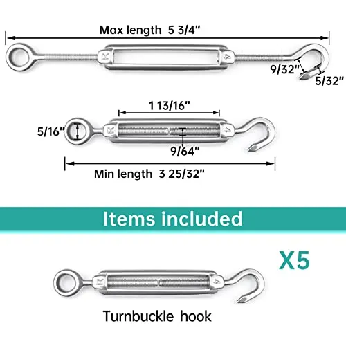 Muzata 5Pack M4 Hook and Eye Turnbuckle for Cable Wire Rope Tension Heavy Duty T304 Stainless Steel for DIY String Light Picture Hanging Tension Wire Kit CN09