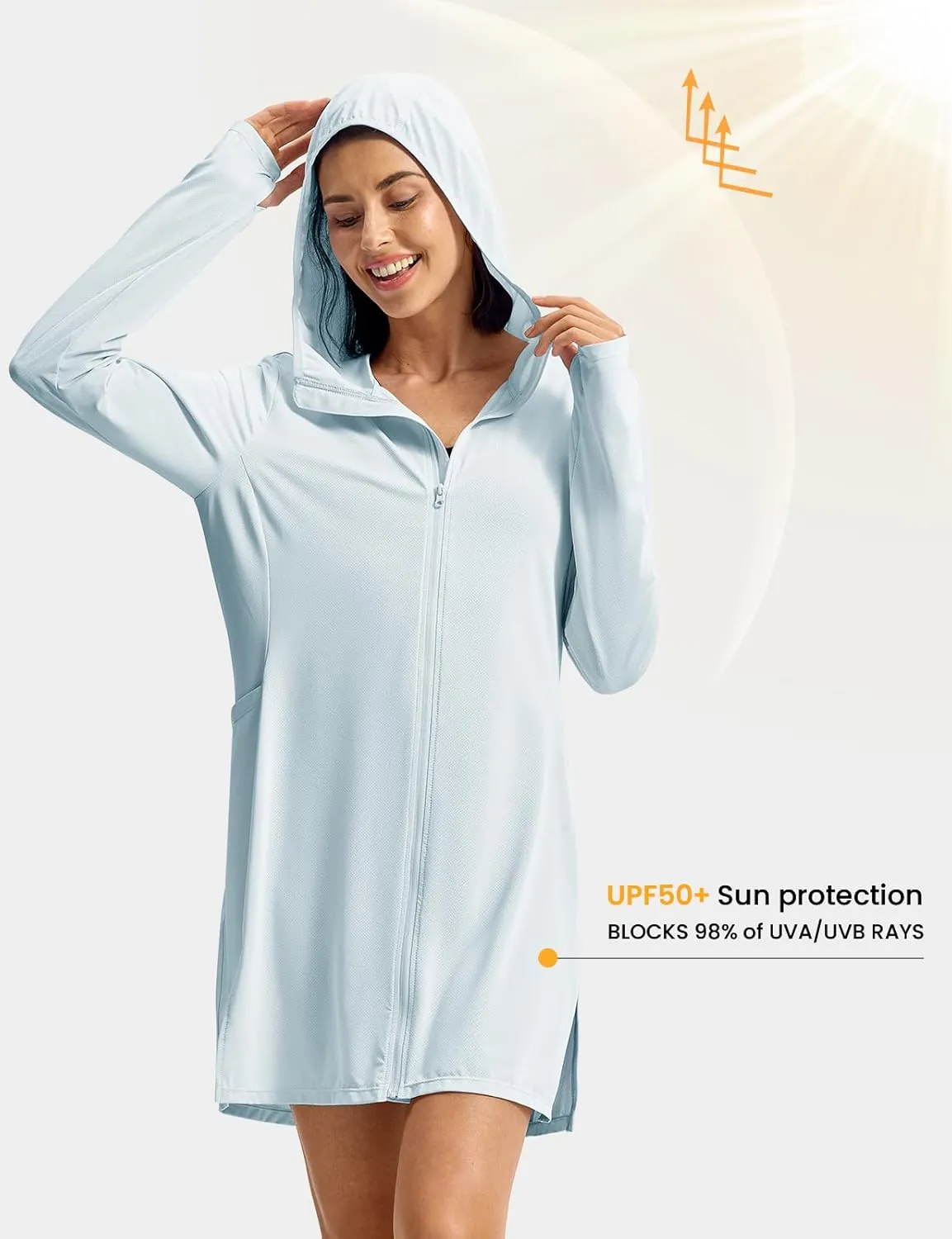 Rdruko Women's Swimsuit Cover Ups, UPF50  Long Sleeve Beach Vacation Bathing Suit SPF Zip Hooded Shirts Lightweight Quick Dry