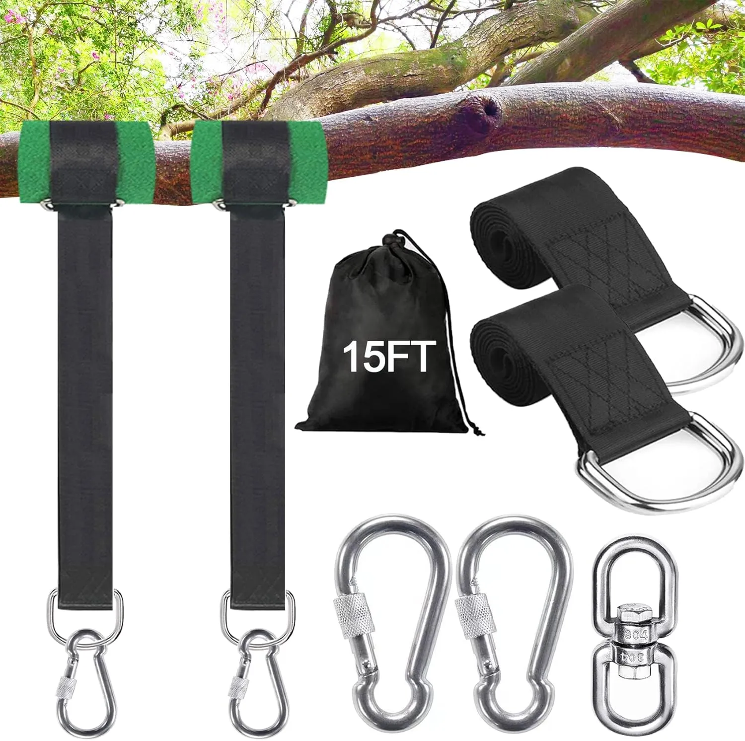Safe Tree Swing Hanging Straps Kit, 3FT/10FT/15FT/20FT, Heavy Duty Holds 5500LBS Extra Long Adjustable Tree Swing Straps, Easy & Fast Way to Hang Any Swing or Hammock(15 FT)