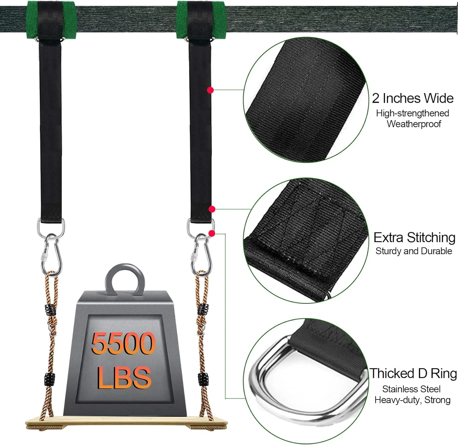 Safe Tree Swing Hanging Straps Kit, 3FT/10FT/15FT/20FT, Heavy Duty Holds 5500LBS Extra Long Adjustable Tree Swing Straps, Easy & Fast Way to Hang Any Swing or Hammock(15 FT)