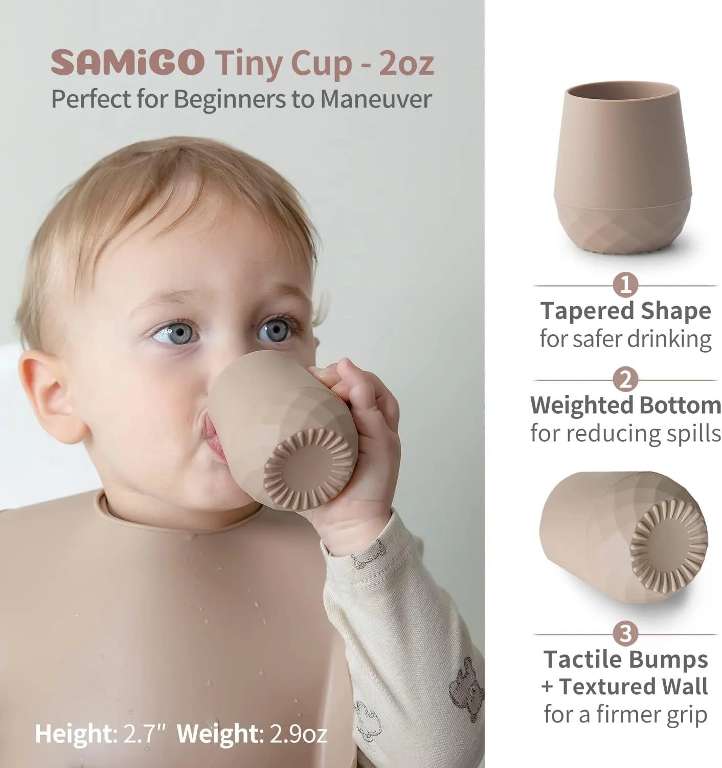 SAMiGO Silicone Baby Cups for 6-12 Months, Tiny Open Cups for Training and Water Drinking, Baby Led Weaning Supplies, 2 OZ