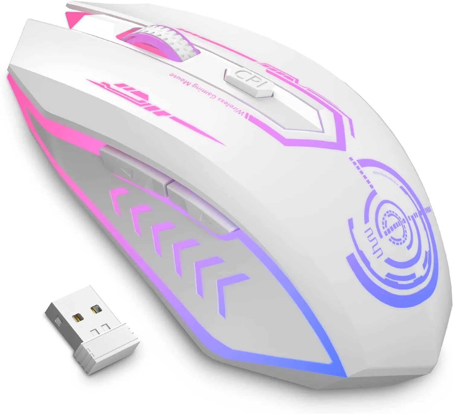 UHURU Gaming Mouse, Wireless Gaming Mouse with 6 Buttons 7 Changeable LED Color up to 10000 DPI, Rechargeable USB Gamer Mouse for PC Laptop (White)