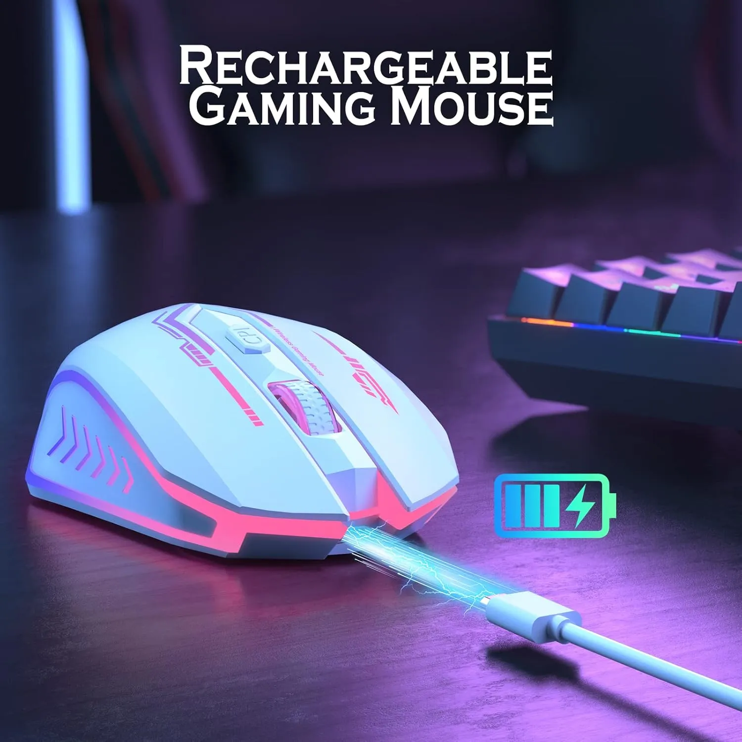 UHURU Gaming Mouse, Wireless Gaming Mouse with 6 Buttons 7 Changeable LED Color up to 10000 DPI, Rechargeable USB Gamer Mouse for PC Laptop (White)