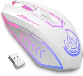 UHURU Gaming Mouse, Wireless Gaming Mouse with 6 Buttons 7 Changeable LED Color up to 10000 DPI, Rechargeable USB Gamer Mouse for PC Laptop (White)