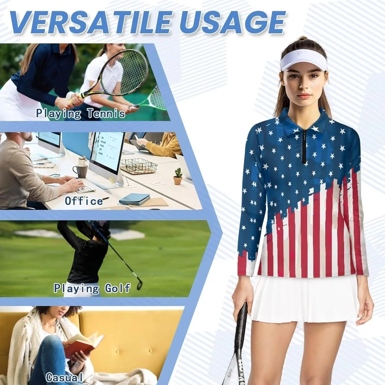 Women's Golf Polo Shirts Long Sleeve V Neck Tennis Shirt Quarter Zip Pullover Running Tops for Ladies XS-XXL